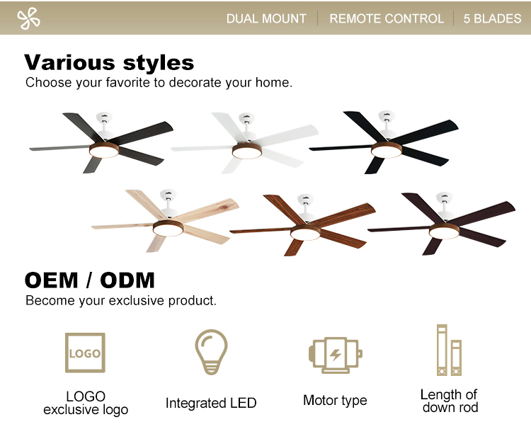 OEM LED Ceiling Fan 54 Inch 6 Speeds Remote Control Dimmable Light 3 Color Options