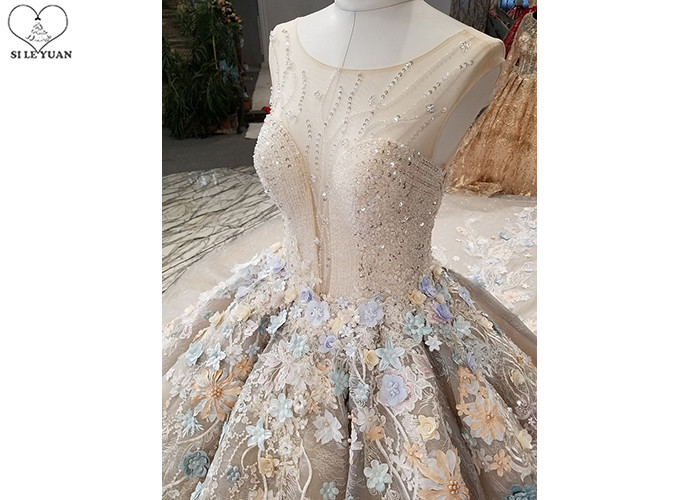 Long Tail Champagne Custom Made Evening Gowns Full Lace Beading Colorful Flowers