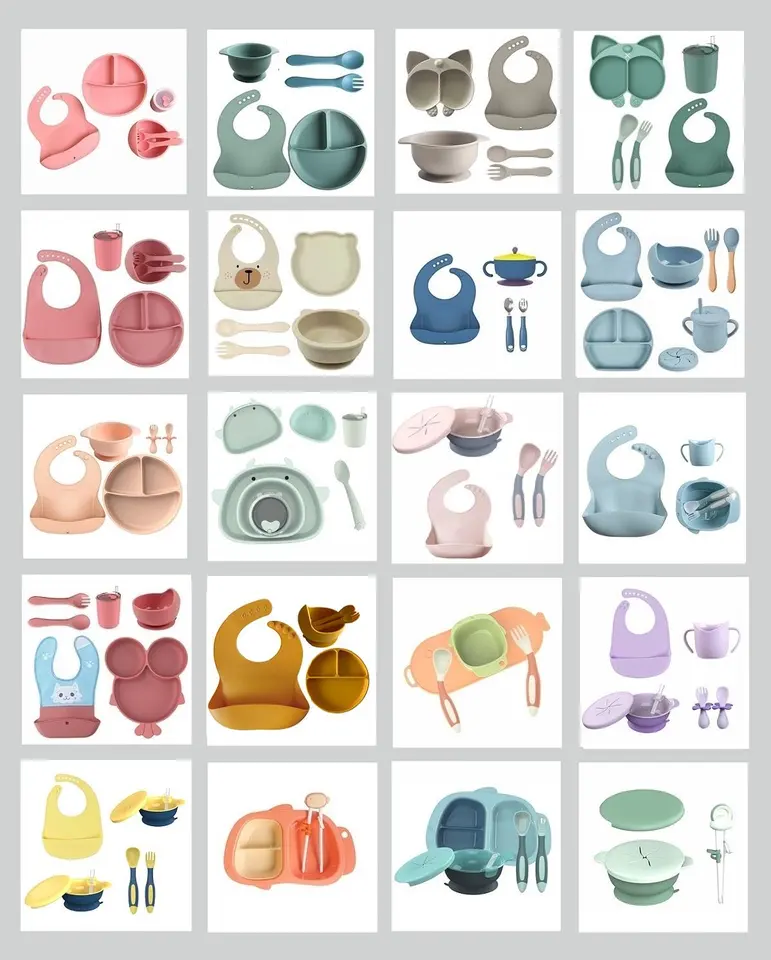Portable Silicone Tableware Baby Feeding Set With Plate Feeding Spoon Cup Bowl Bib