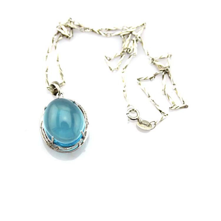 Women Fashion Oval Dome Blue Topaz Cubic Zircon Pendant 925 Silver Chain Necklace (PSJ0187)