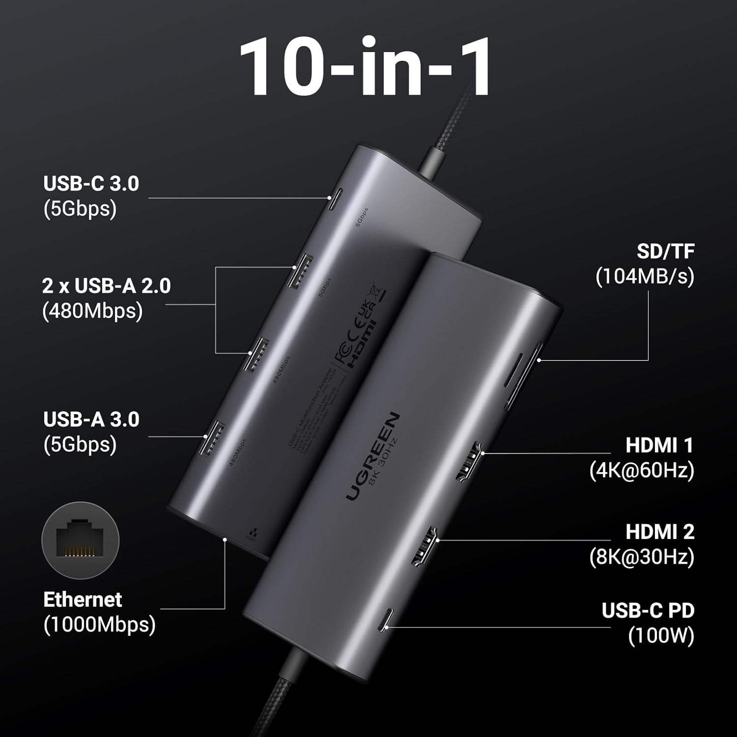 Revodok Pro 210 Docking Station 10 in 1 USB C Dock Dual HD-MI 4K@60Hz Single 8K@30Hz 100W PD 5Gbps USB C and USB A Port