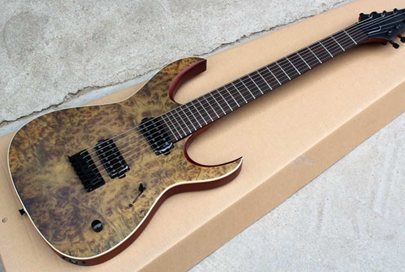 Custom Brown 7-String Alder Electric Guitar with Burl Veneer,24 Frets,2 Open Pickups,White Binding