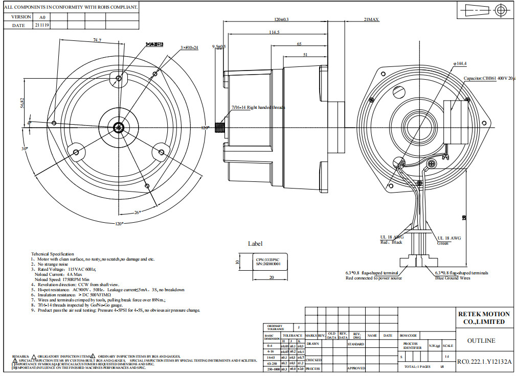 Tight Structure Single Phase Ac Motor , Capacitor Start Motor Rated Speed 1300RPM