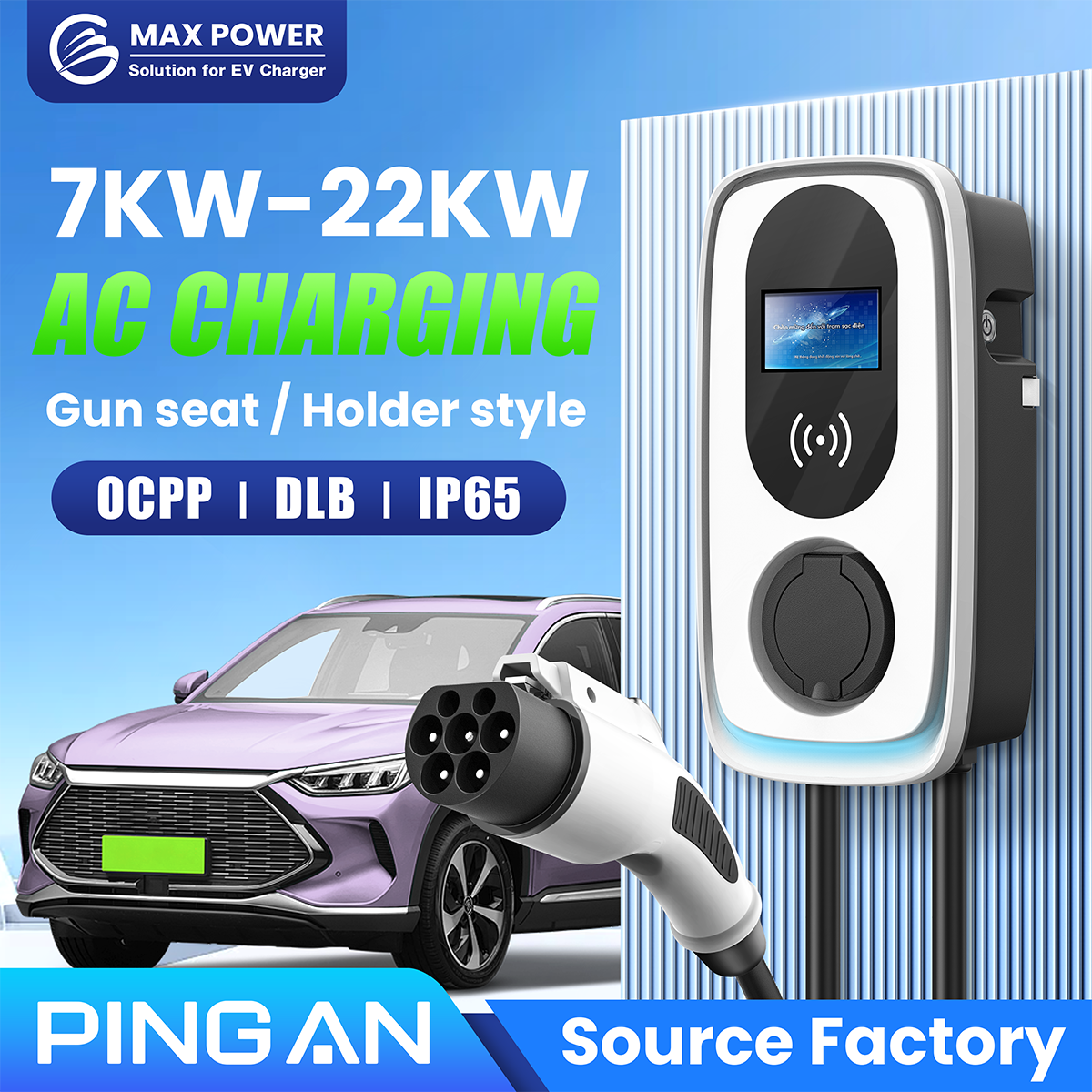 IP 65 Level MAXPOWER OCPP CCS2 22kw Wall Mounted EVSE AC Commercial EV Charger with LAN Network Connection