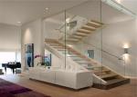 Straight modern wooden staircase with glass , Stainless Steel Railing