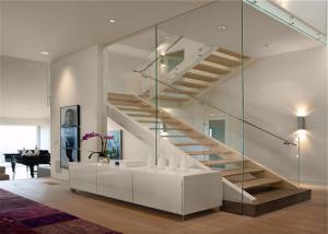Quality Straight modern wooden staircase with glass , Stainless Steel Railing wholesale