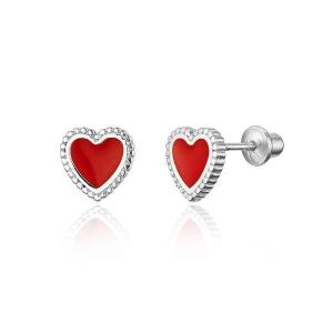 Quality Children's Safe Screw Back Earrings in 925 Sterling Silver with Tiny Red Enamel Heart wholesale