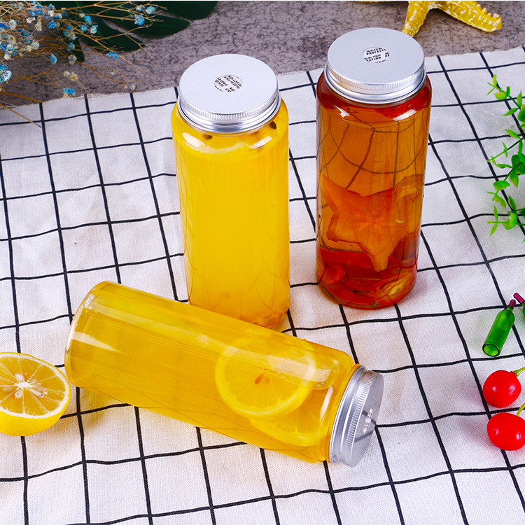 Beverage Round Plastic Pet Boba Juice Bottles Transparent 450ml With Aluminum Lid