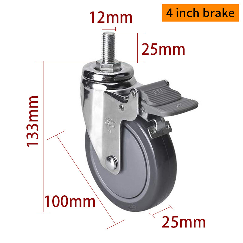 80kg Threaded TPU 4 Inch Swivel Casters 100mm Braked Castors