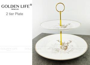 Quality Tableware Two Tier Ceramic Fruit Plates With Gold Metal Stand Wapiti Pattern wholesale