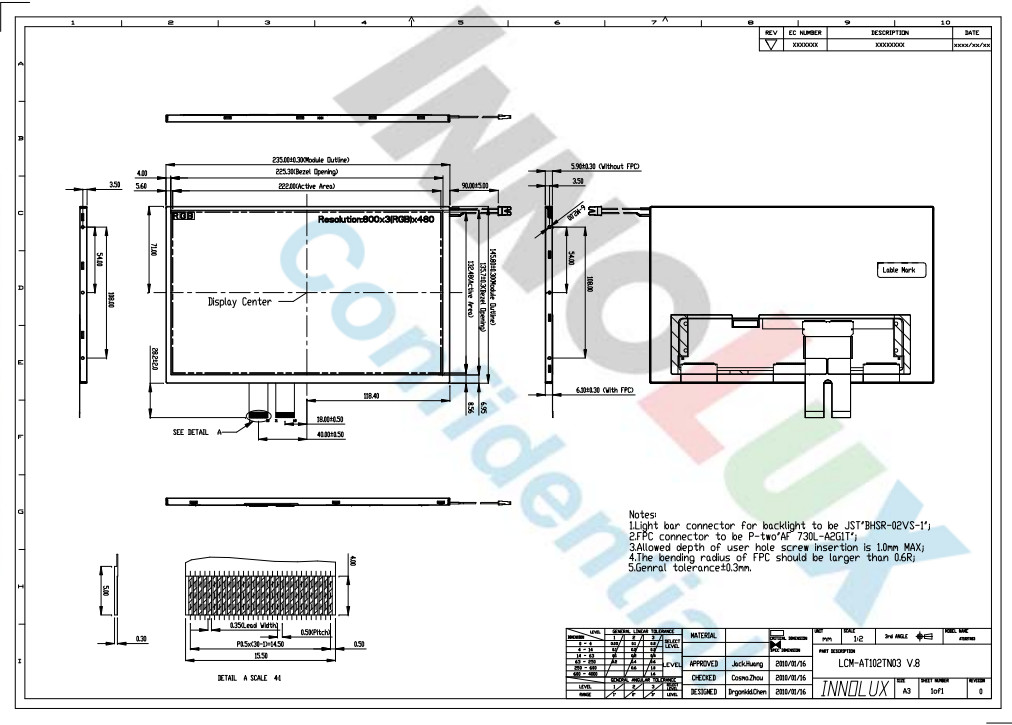 350 nits TFT LCD Display 10.2 Inch 60 Pin Innolux 800X480 Transmissive