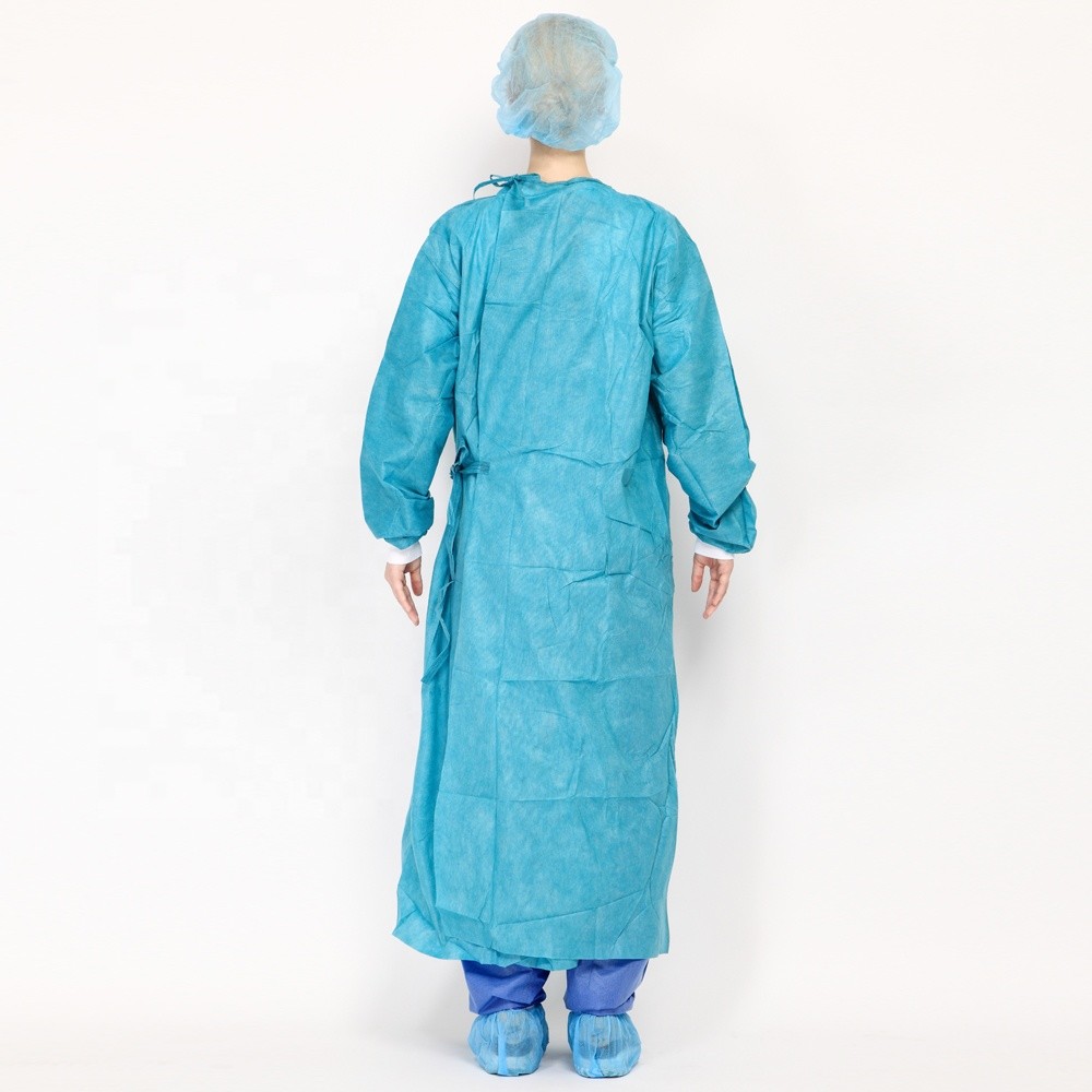 SMMS Blue Color EN 13795 Knitted Cuff Surgical Gown with Ultrasonic Sewing