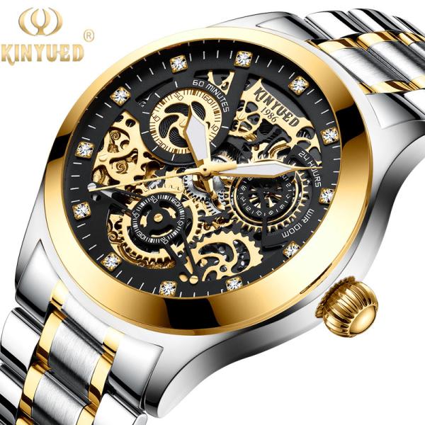 KINYUED oem waterproof custom logo leather fashion tourbillon skeleton wrist