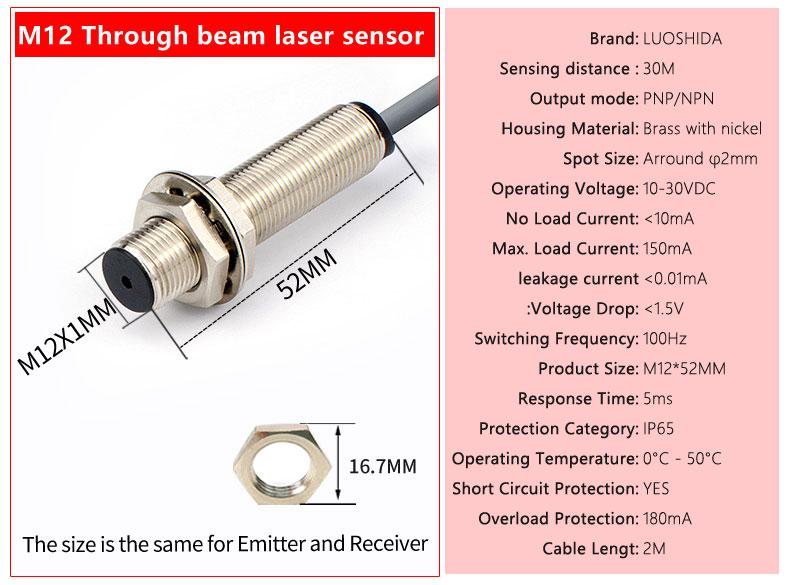 LUOSHIDA DC 3 Wire All Series Through Beam Laser Sensor 20m / 30m Sensing Distance