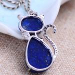 Sterling Silver Lapis Lazuli Cat Shape Women Pendant Necklace (048817W)