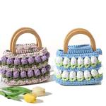 Wooden Handle Crochet Hand Bag Hand Woven Tulip Flower 16cm×15cm×6cm