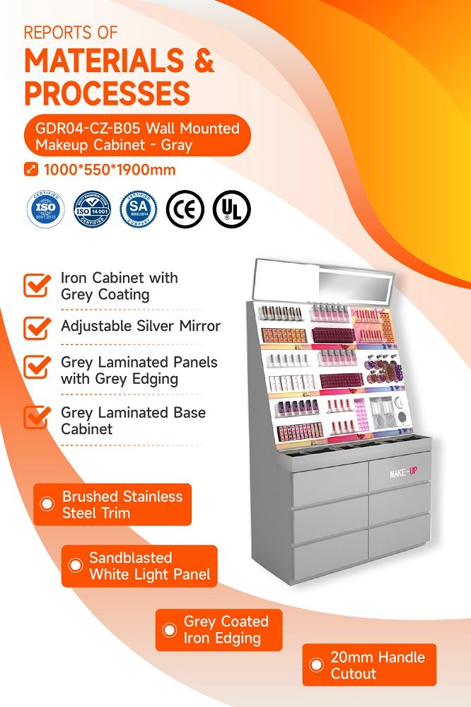 GDR04-CZ-B05 Wall Mounted Makeup Display Rack with Scratch-Resistant Edges and Industrial Style for Cosmetics Counter in Shopping Malls
