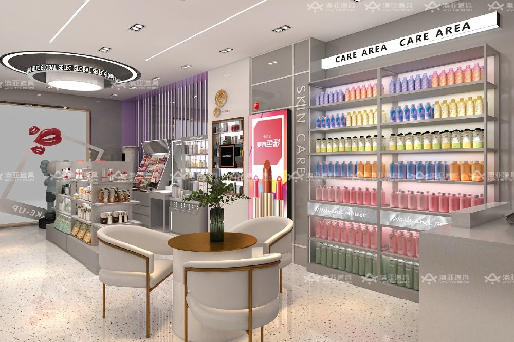 GDR03-CB-08 Double Sided Transparent Low Cabinet with Adjustable Shelves and Luxury Branding Integration for Specialty Beauty Stores