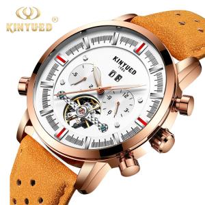 Quality KINYUED J019-1 Gold Case Genuine Leather Auto Date Skeleton Tourbillon Automatic Mechanical Wristwatches wholesale