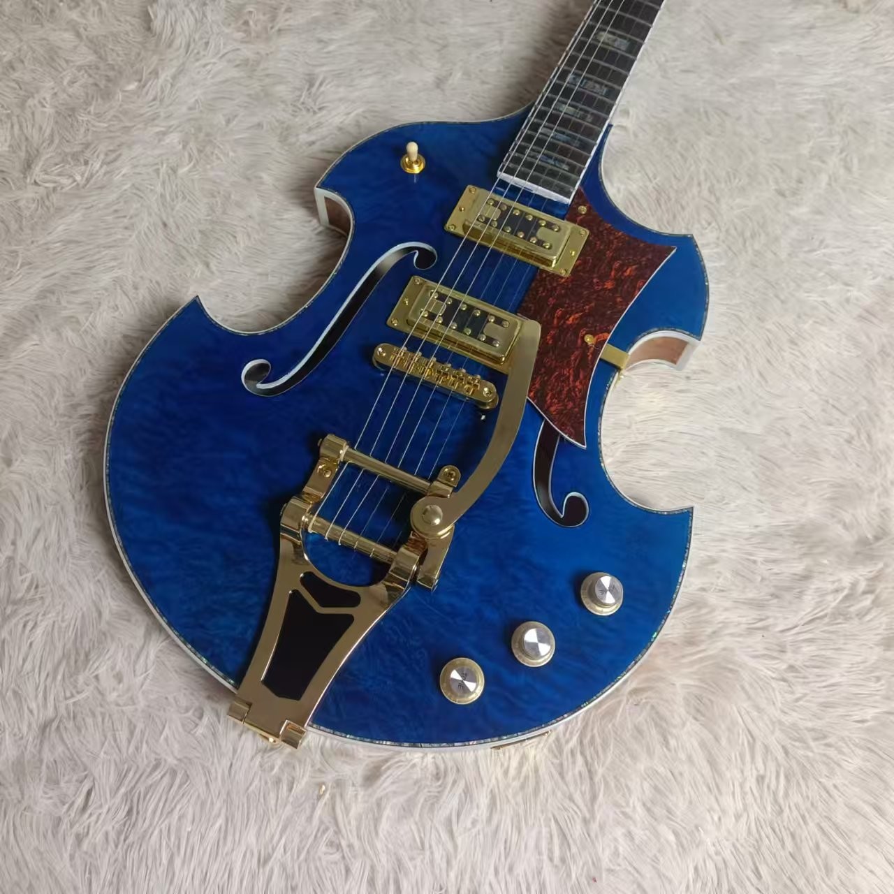 Custom f hole hollow body irregular body Gretsch electric guitar with bigs bys trem in blue color, accept guitar and bass OEM