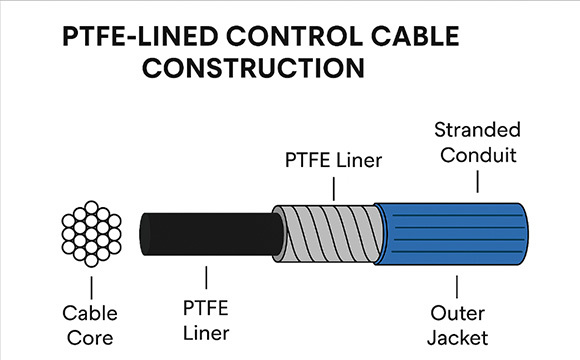 2D schematic of PTFE-lined control cable showing core, liner, stranded conduit, and outer jacket