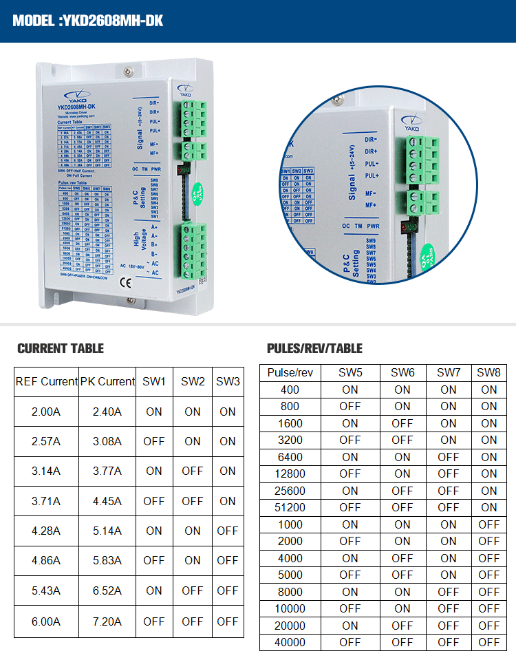 2.4-7.2A Current YAKO YKD2608MH-DK Stepper Motor Driver for Steeper Motor 2-256 Subdivision