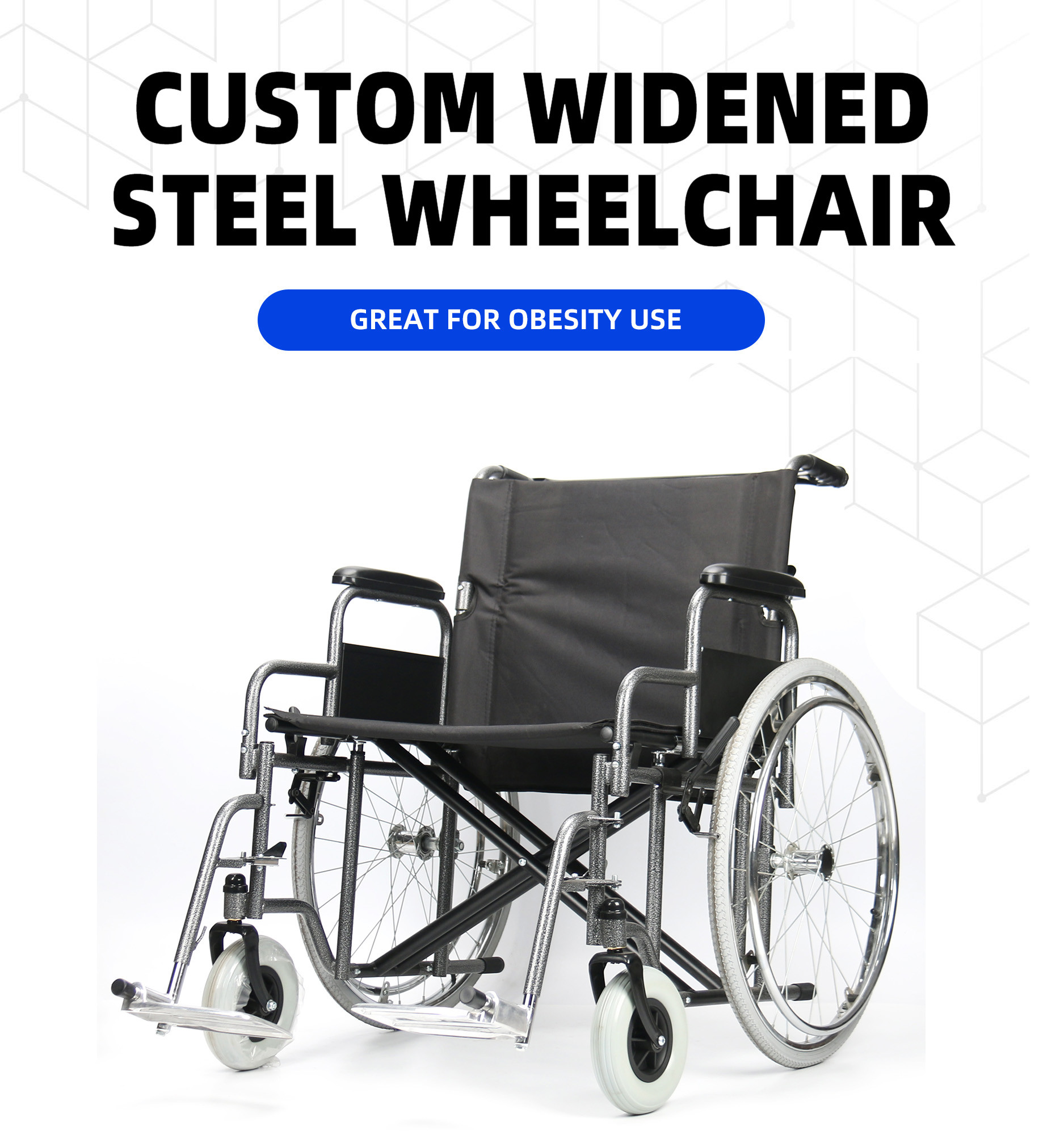 8 Inch Front Wheel Folding Steel Wheelchair Obesity Large Body Weight 51cm Sitting Height