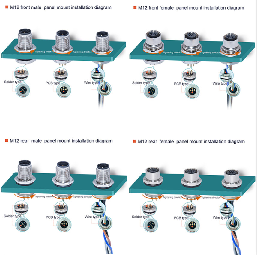 Front PCB M12 Female Panel Mount Connector Waterproof Connector For Sensor