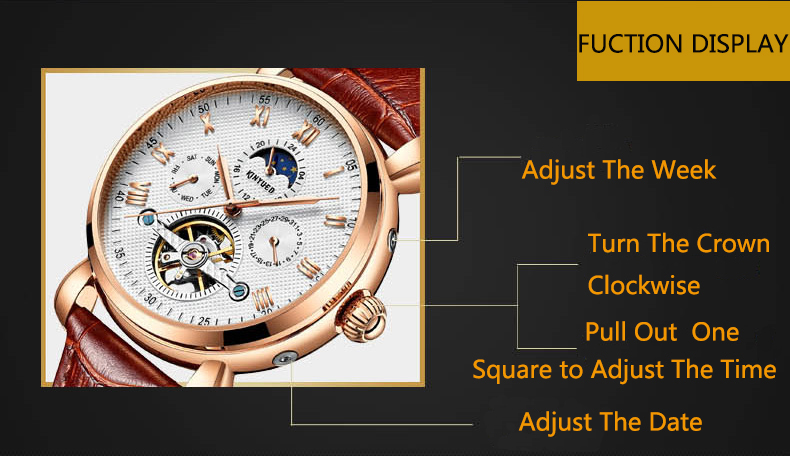 Genuine Leather Mens Winner Automatic Mechanical Watch Moon Phase Automatic Movement Mechanical Watch