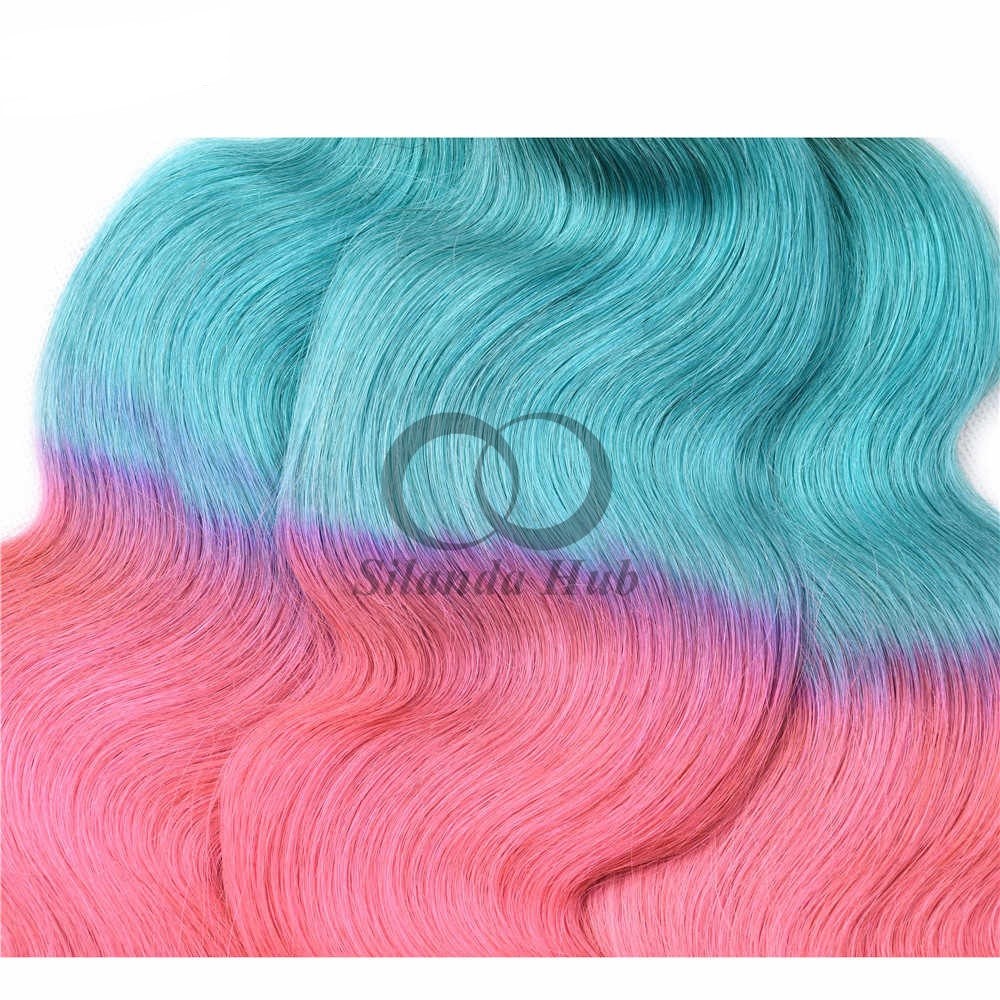 #T1B/Light Blue/Pink Body Wave Remy Human Hair Bundles Sew In Weave Bundles Brazilian Bundle Deals