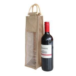 Quality One Bottles Wine Burlap Tote Bag Recyclable Beer Festival With PVC Window wholesale