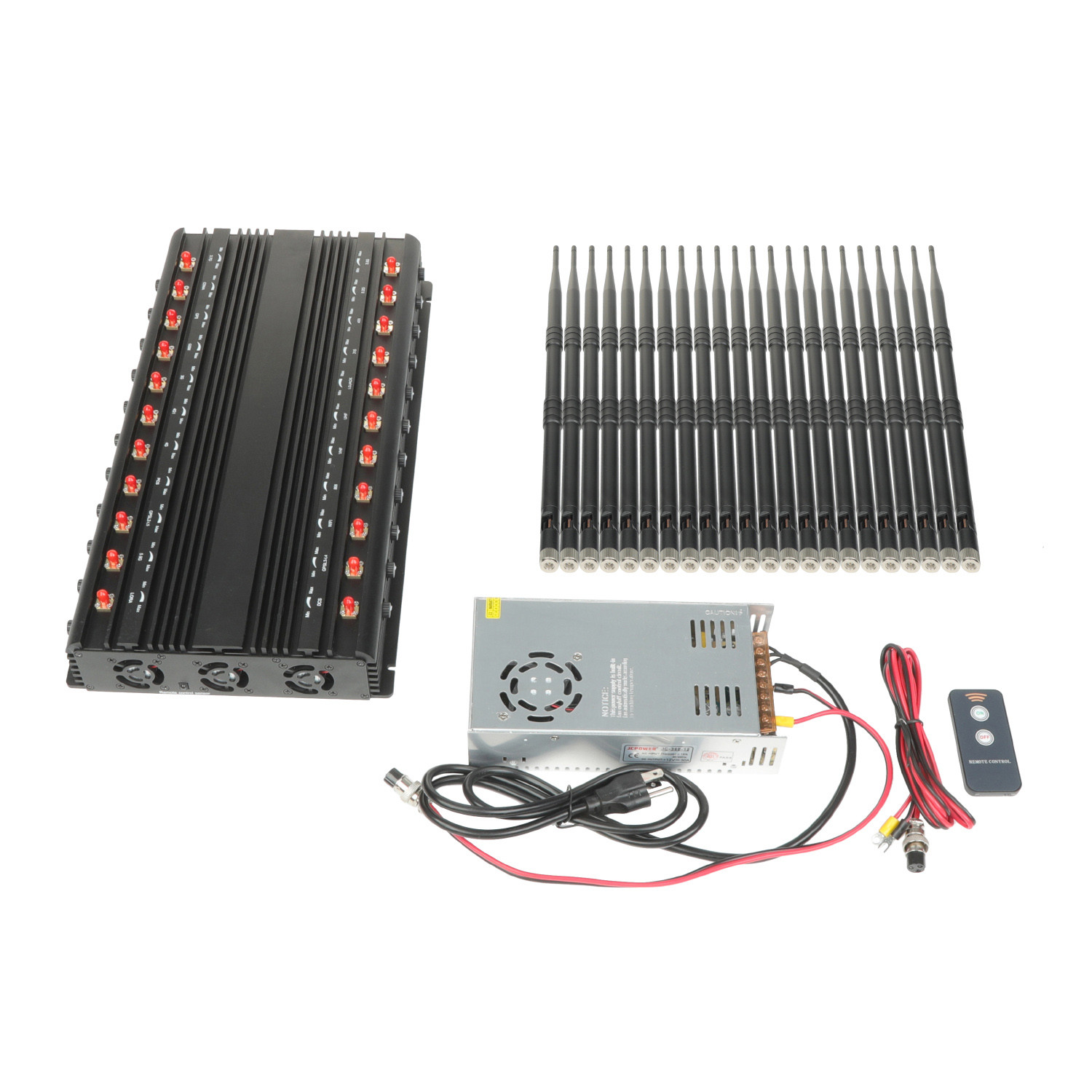 Multifunctional 22 antennas jammer shielding all 2G 3G 4G 5G WIFI GPS RF LOJACK VHF UHF LORA signals with Remote Control