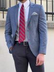 Slim Fit Business Casual Suit Jacket Plaid Blue Cotton Blazer