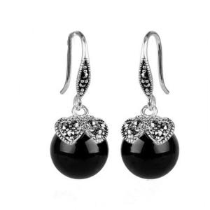 Quality Sterling Silver Black Agate with Marcasite Dangle Hoop Earrings (E12032BLACK) wholesale