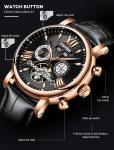 KINYUED J017-3 Gold Case Black Dial Leather Strap Complete Calendar Skeleton