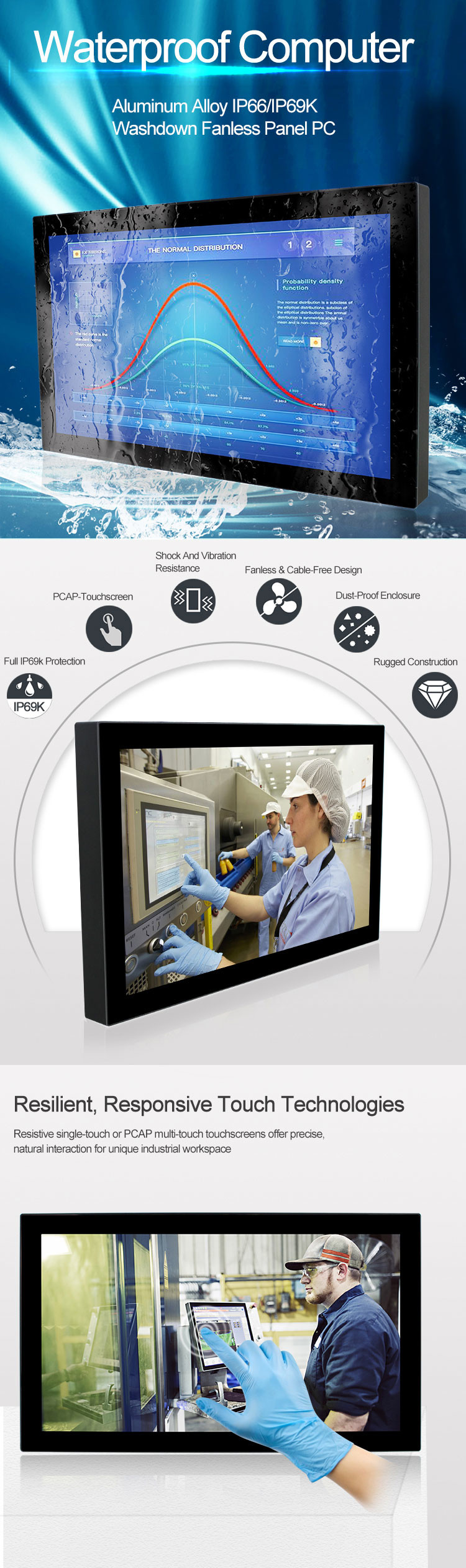 Fully Sealed 21.5 Inch IP67 Panel PC Waterproof 1920 X 1080 Resolution
