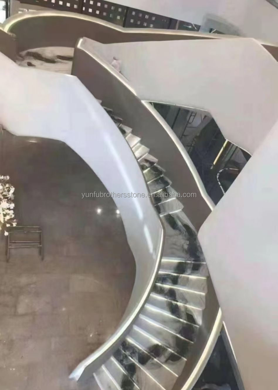 Modern Hotel Staircases Brothers Stone Panda White Marble Treads and Risers Anti Slip