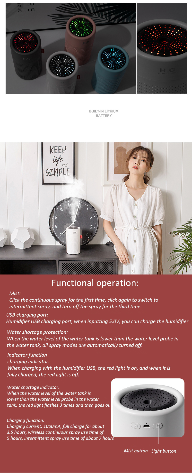 750ml Wireless USB Air Humidifier 2000mAh Battery Rechargeable Cool Mist Humidifier