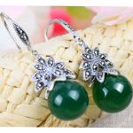 Sterling Silver Green Agate Bead Dangle Hoop Earrings Thai Vintage Jewellery