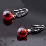 Thai Sterling Silver Marcasite Retro Earrings Synthetic Garnet Bead Drop Earring