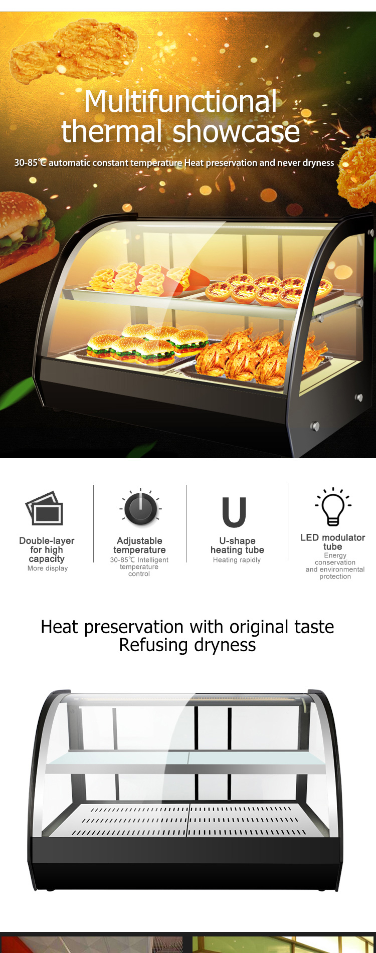 Hotel Club Fried Chicken Glass Food Warmer Display Showcase for Restaurant Cafe