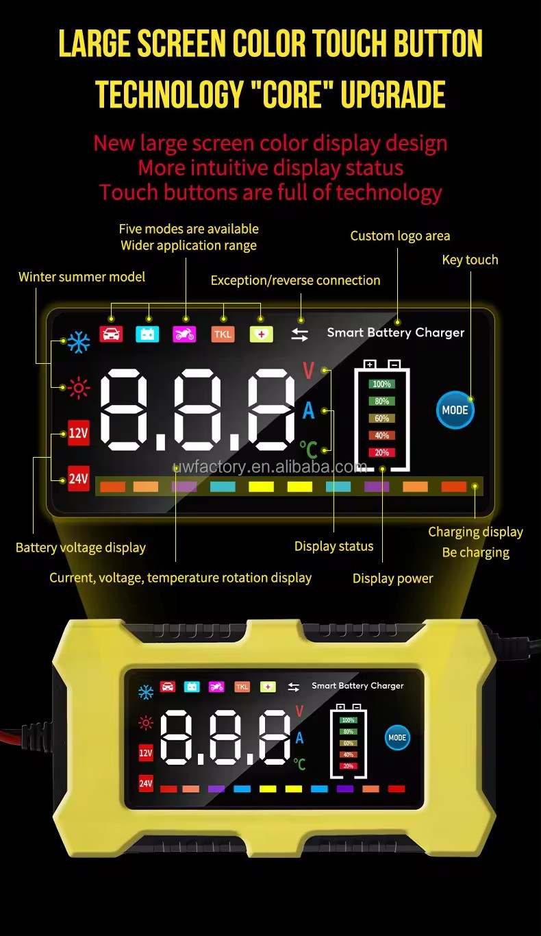12V/10A Input 12V/2A Output Color Touch Screen Car Battery Charger for Lead-Acid and Lithium Ion Batteries Large Screen