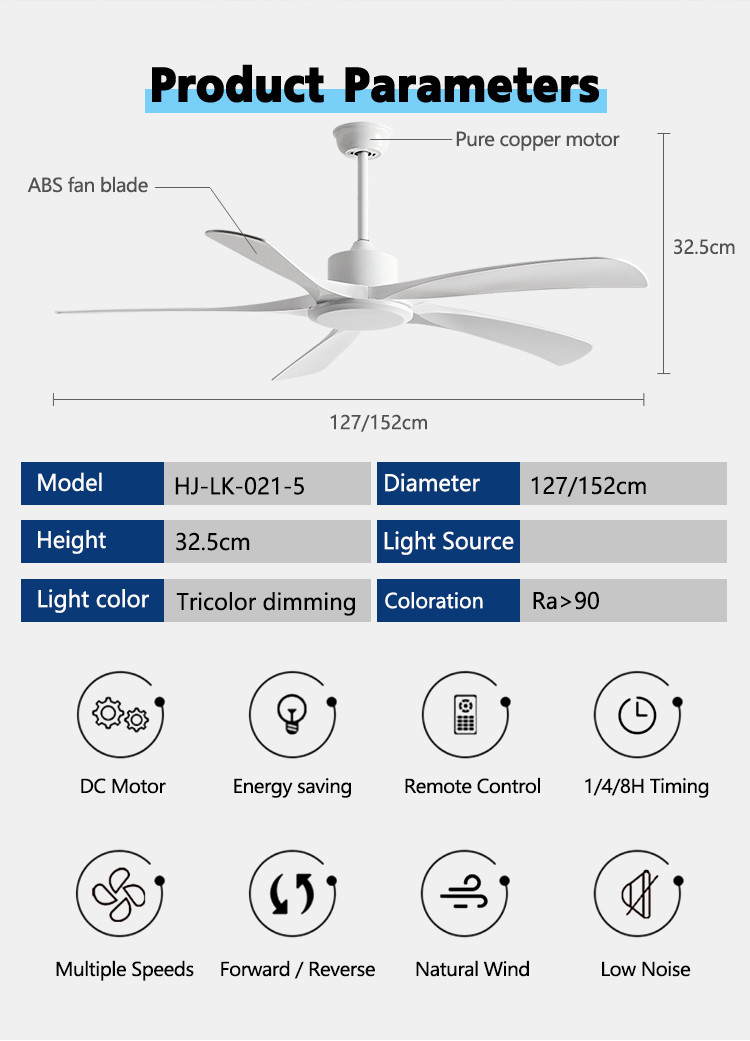 Easy Installation Pure Copper Motor Decorative 60 Inch DC ABS Blade Remote Control Modern Ceiling Fan Lighting