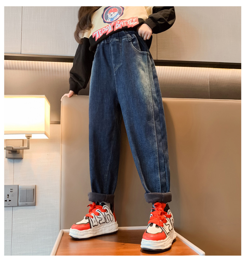 Girls Jeans Blue Thick Pants Straight Tube Leisure