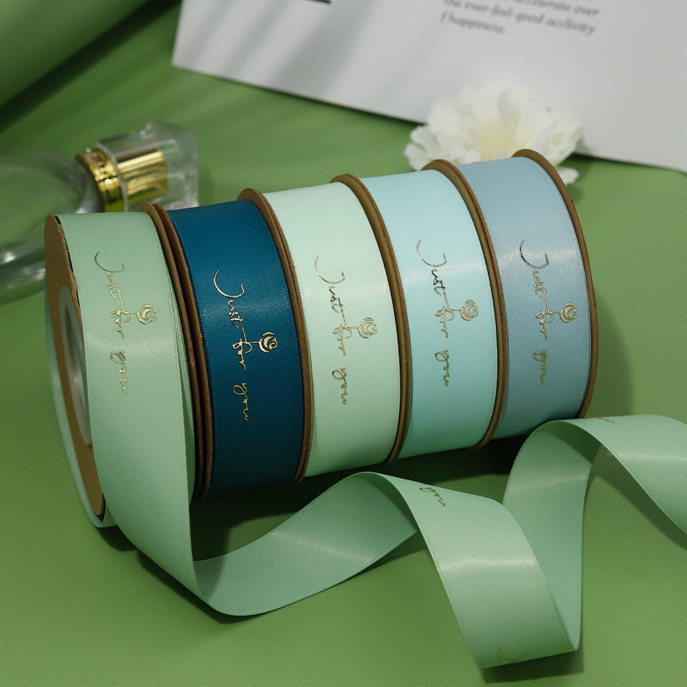 Customized Gold Foil Printed Polyeater Satin Ribbon for Gift Packing