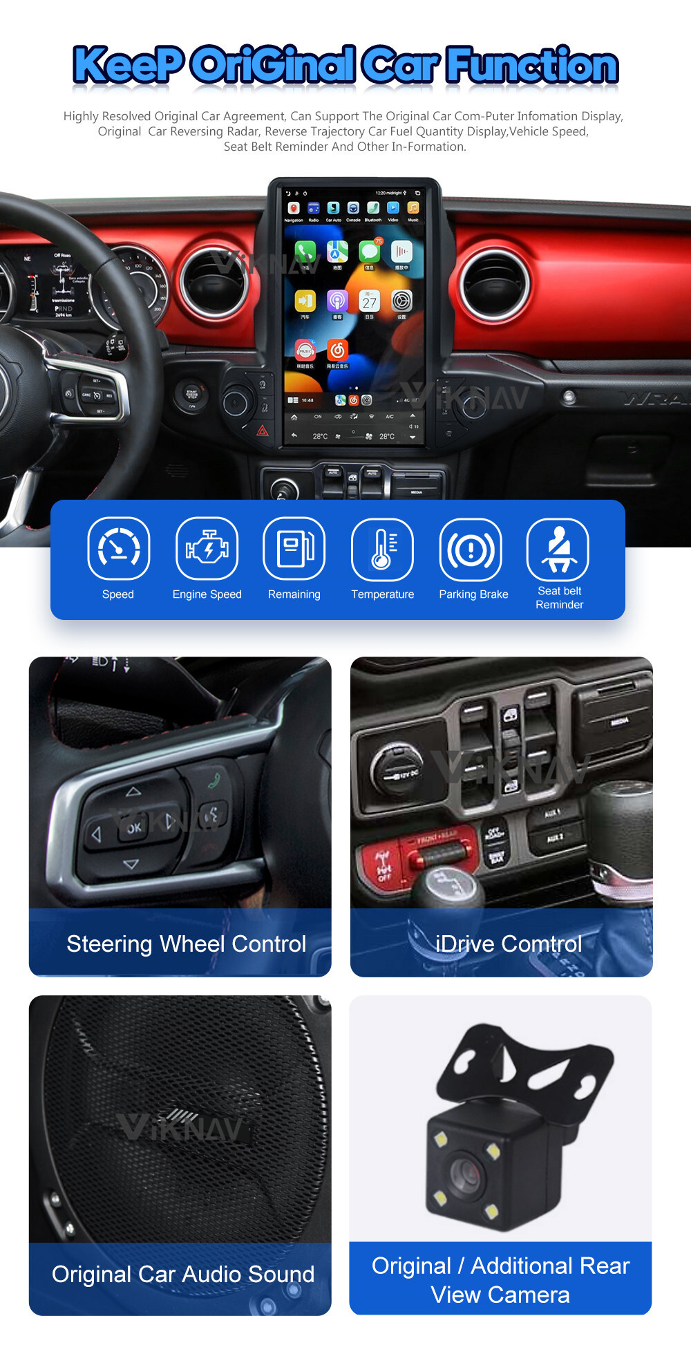 Viknav Car Radio For Jeep Wrangler (2018-2021) 13.6 inch GPS navigation DVD multimedia auto stereo 2din