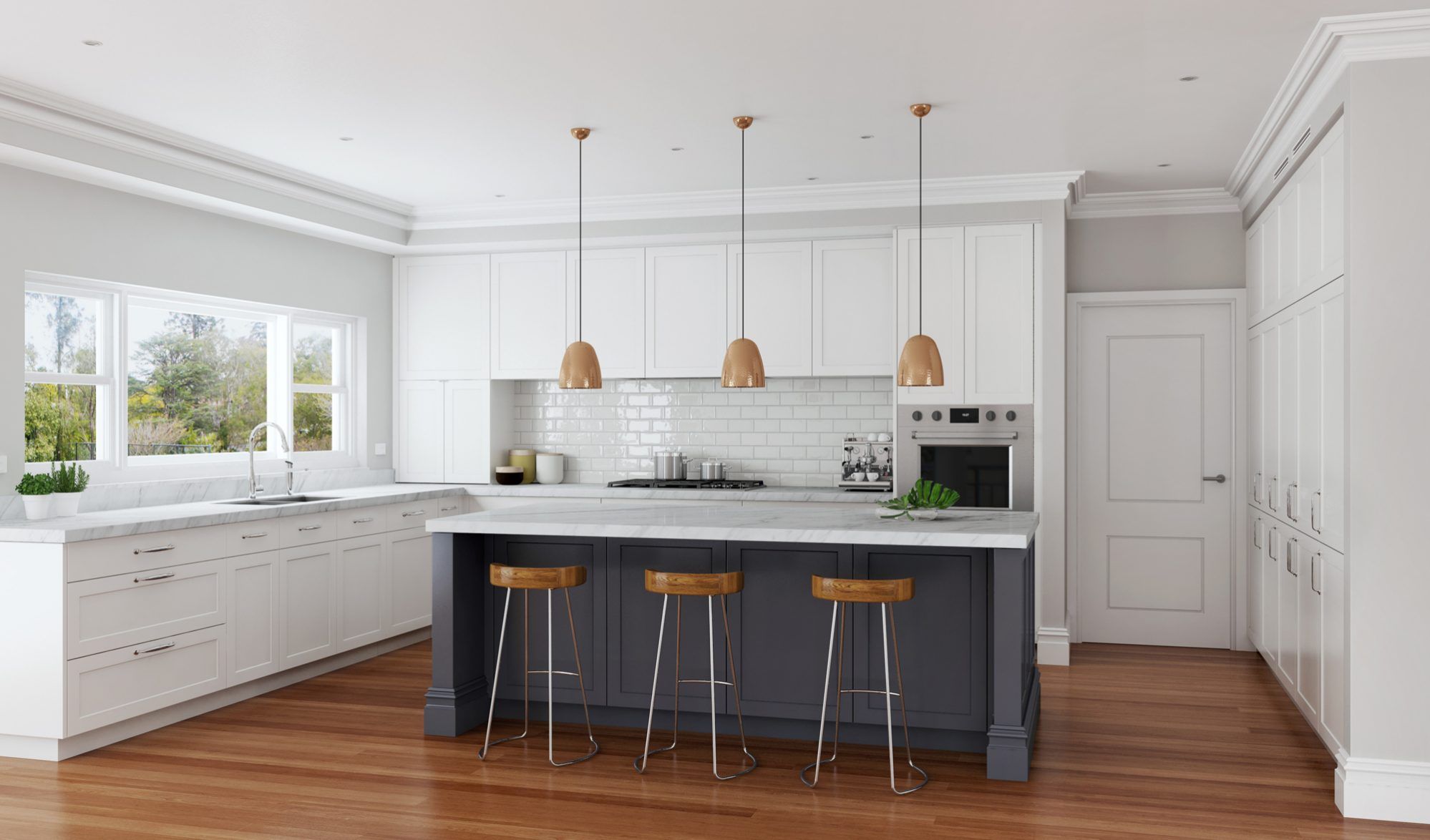 European Island Design White Shaker Kitchen Cabinets with Quartz Stone Countertop and Sink