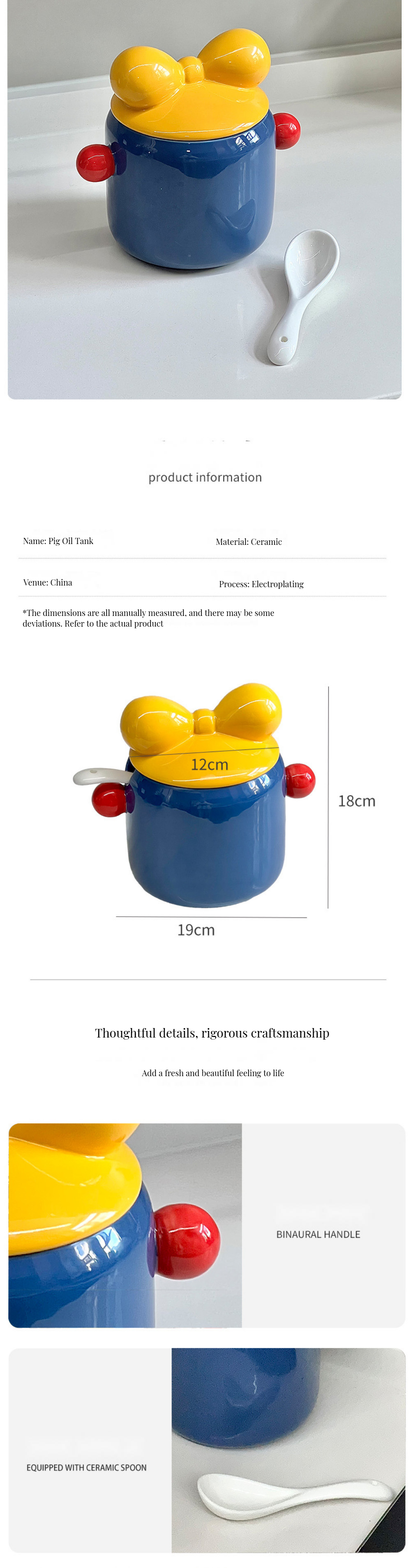 Functional Ceramic Piggy Bank for Kitchen Storage and Printed Spice Condiments Holder