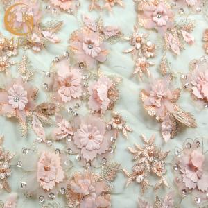Quality French 3D Flower Lace Fabric Beaded Handmade 1 Yard Pink Lace Cloth wholesale