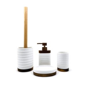 Quality White Color Polyresin Bathroom Set Ribbed Circles Look With Wood Parts wholesale